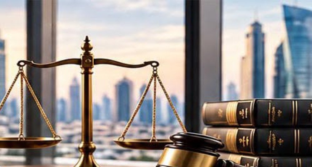 Scales of justice and a gavel on a desk overlooking the city